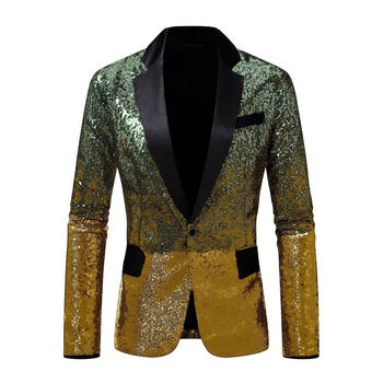 Vyrų kostiumo švarkas: siaura kirpimo linija, blizgučiai, šalikėlio tipo apykaklė, užsegamas vienu sagu