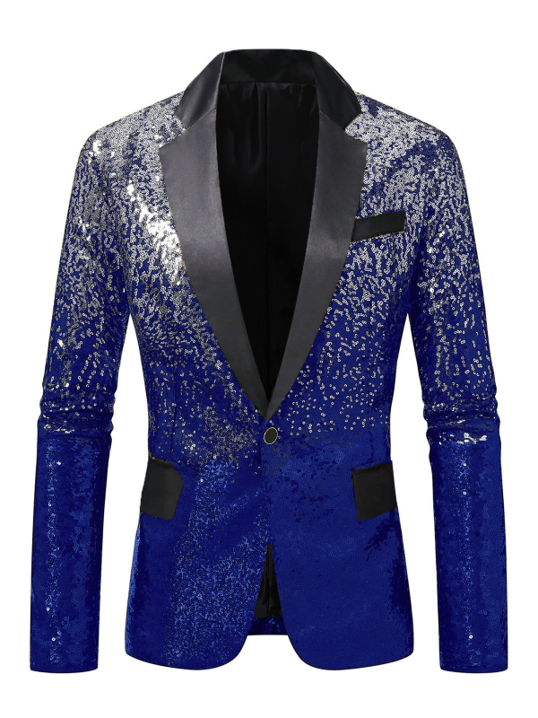 Vyrų kostiumo švarkas: siaura kirpimo linija, blizgučiai, šalikėlio tipo apykaklė, užsegamas vienu sagu