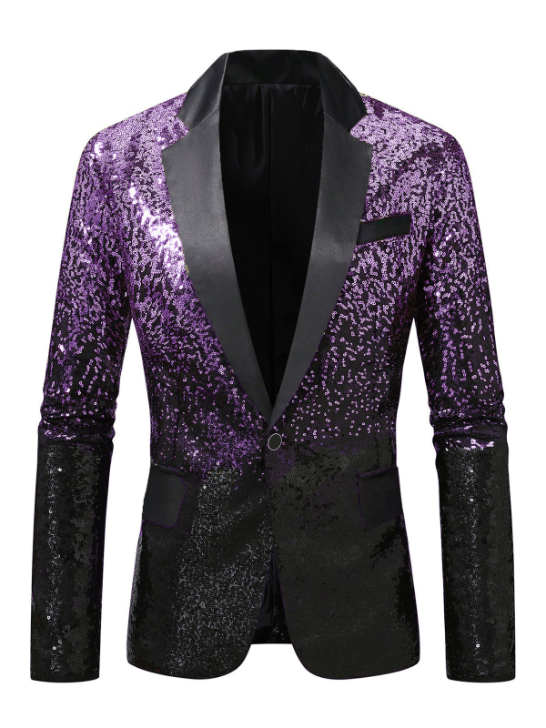 Vyrų kostiumo švarkas: siaura kirpimo linija, blizgučiai, šalikėlio tipo apykaklė, užsegamas vienu sagu