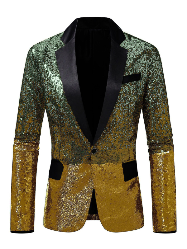 Vyrų kostiumo švarkas: siaura kirpimo linija, blizgučiai, šalikėlio tipo apykaklė, užsegamas vienu sagu