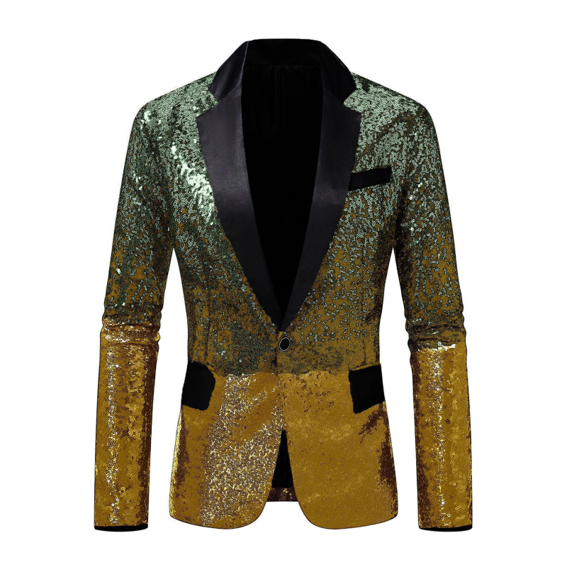 Vyrų kostiumo švarkas: siaura kirpimo linija, blizgučiai, šalikėlio tipo apykaklė, užsegamas vienu sagu