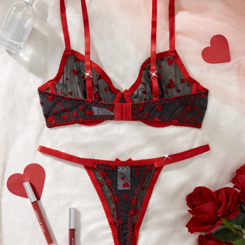 Γυναικείο σετ σουτιέν με διαφανές δίχτυ και κέντημα καρδιάς – Push-Up, πολυεστέρας 90–95%