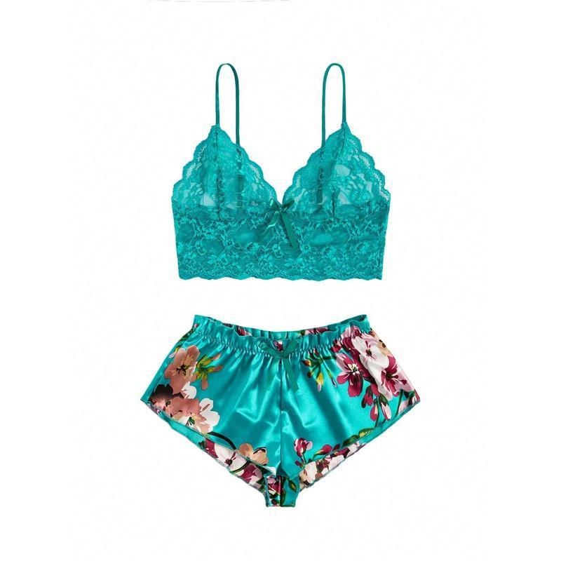 Naktinių komplektas: gėlių nėriniai, priekinis drugelio mazgas, nailonas, puloverio stilius, ruduo