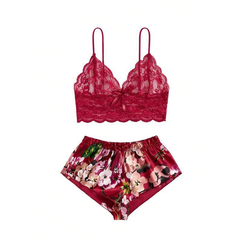 Naktinių komplektas: gėlių nėriniai, priekinis drugelio mazgas, nailonas, puloverio stilius, ruduo