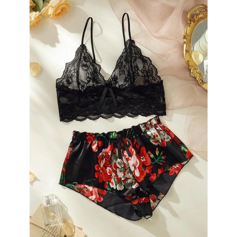 Naktinių komplektas: gėlių nėriniai, priekinis drugelio mazgas, nailonas, puloverio stilius, ruduo