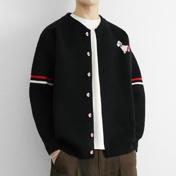 Cardigan bărbătesc tricotat cu model jacquard, croială lejeră, guler rever, mâneci lungi, amestec bumbac-poliester