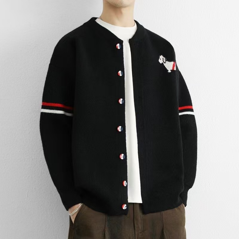 Cardigan bărbătesc tricotat cu model jacquard, croială lejeră, guler rever, mâneci lungi, amestec bumbac-poliester