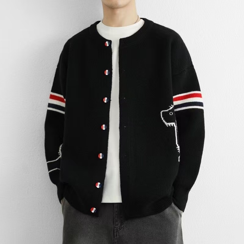 Cardigan bărbătesc tricotat cu model jacquard, croială lejeră, guler rever, mâneci lungi, amestec bumbac-poliester