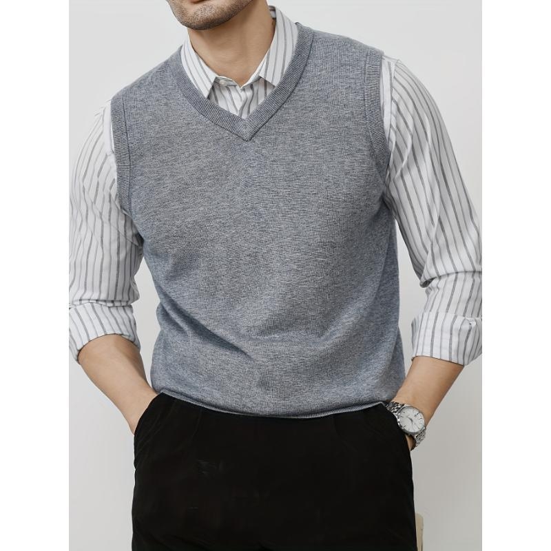 Vyrų megzta liemenė su dryžių raštu, lino-kordūrinė audinys, laisvas kirpimas, pavasaris 2025