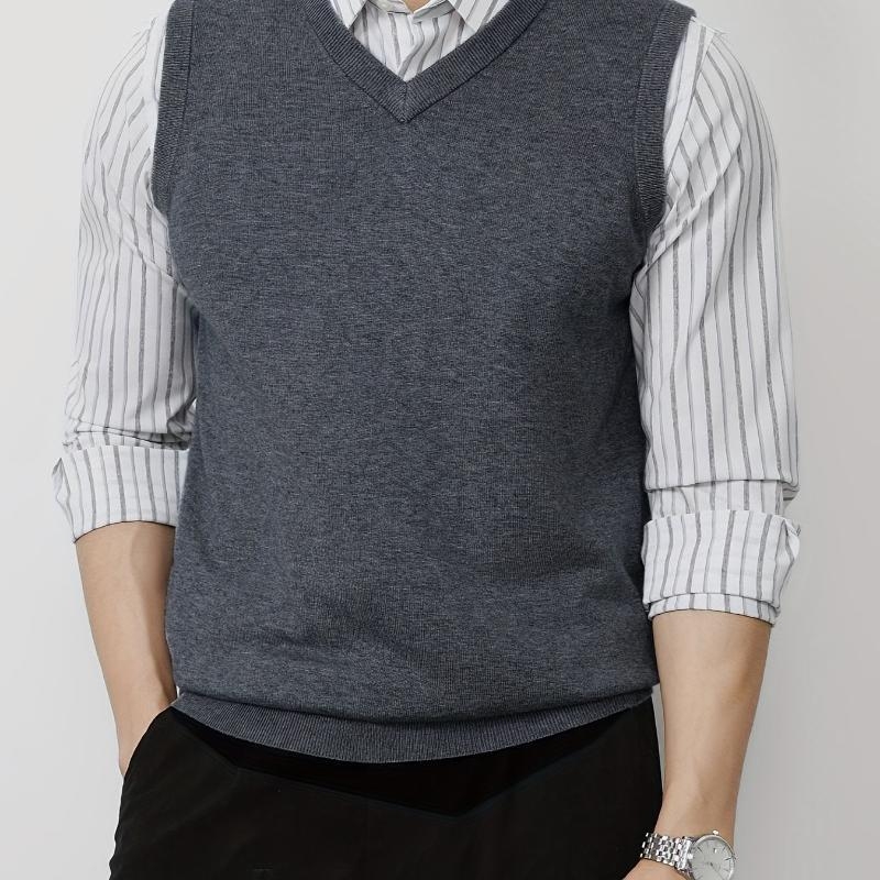 Vyrų megzta liemenė su dryžių raštu, lino-kordūrinė audinys, laisvas kirpimas, pavasaris 2025