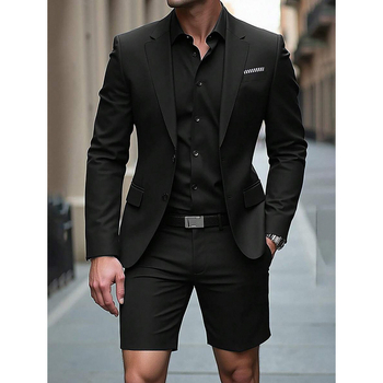 Set bărbătească cu sacou cu mâneci lungi și șshorturi, pentru toate sezoanele, material principal: fibră de acetat într-un amestec sintetic, croială ajustată, nasturi pe trei rânduri