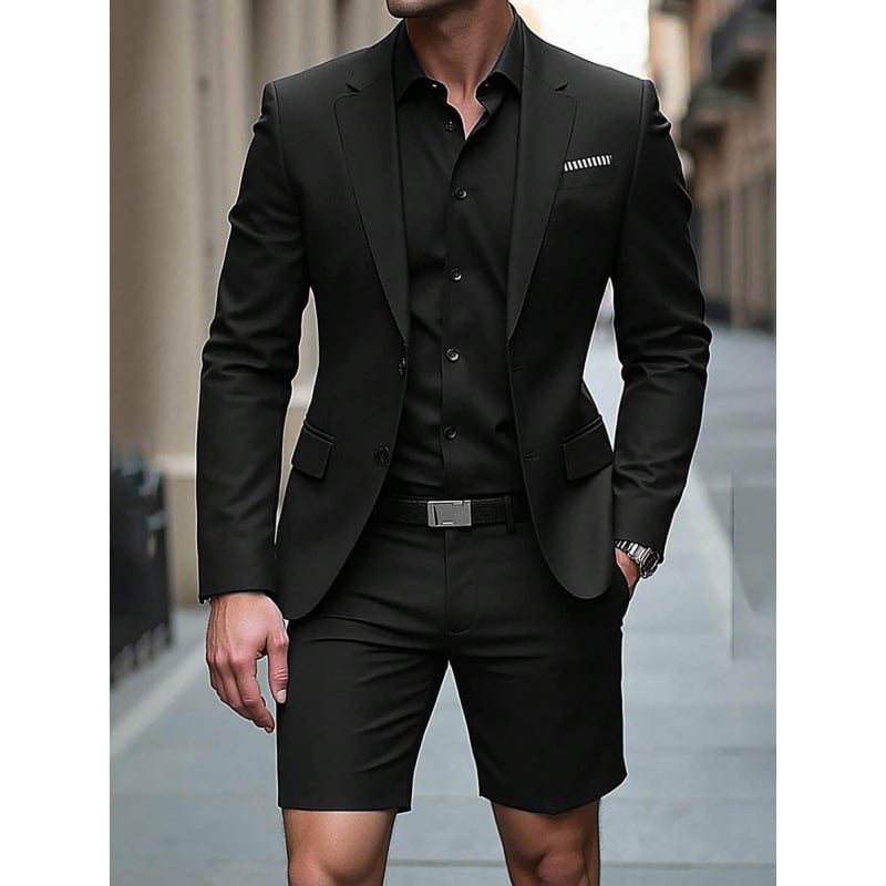 Set bărbătească cu sacou cu mâneci lungi și șshorturi, pentru toate sezoanele, material principal: fibră de acetat într-un amestec sintetic, croială ajustată, nasturi pe trei rânduri