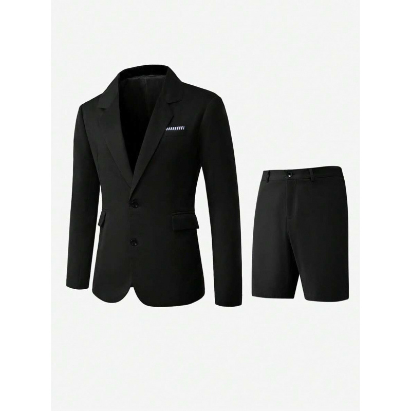 Set bărbătească cu sacou cu mâneci lungi și șshorturi, pentru toate sezoanele, material principal: fibră de acetat într-un amestec sintetic, croială ajustată, nasturi pe trei rânduri