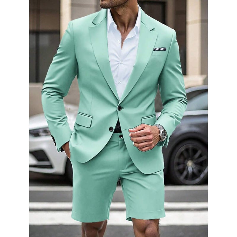 Set bărbătească cu sacou cu mâneci lungi și șshorturi, pentru toate sezoanele, material principal: fibră de acetat într-un amestec sintetic, croială ajustată, nasturi pe trei rânduri