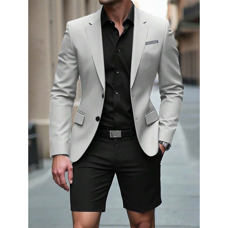 Set bărbătească cu sacou cu mâneci lungi și șshorturi, pentru toate sezoanele, material principal: fibră de acetat într-un amestec sintetic, croială ajustată, nasturi pe trei rânduri