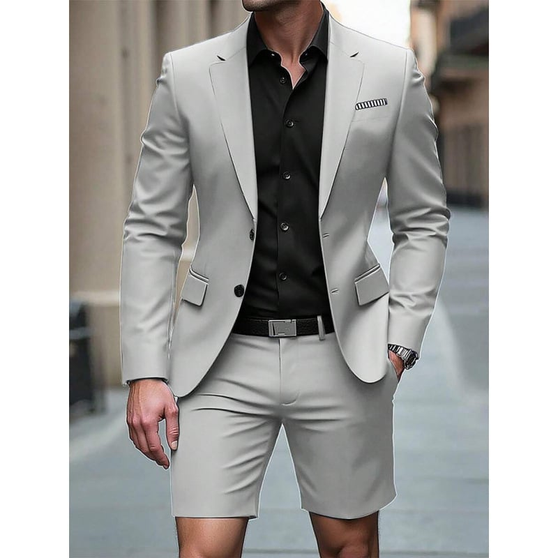 Set bărbătească cu sacou cu mâneci lungi și șshorturi, pentru toate sezoanele, material principal: fibră de acetat într-un amestec sintetic, croială ajustată, nasturi pe trei rânduri