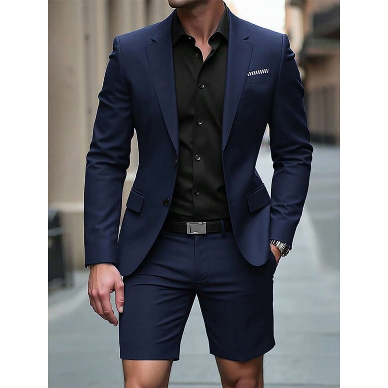 Set bărbătească cu sacou cu mâneci lungi și șshorturi, pentru toate sezoanele, material principal: fibră de acetat într-un amestec sintetic, croială ajustată, nasturi pe trei rânduri