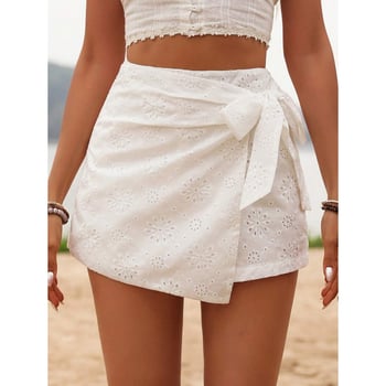 Fustă scurtă cu broderie perforată și margine, stil retro, croială bodycon, țesătură din bumbac natural CVC