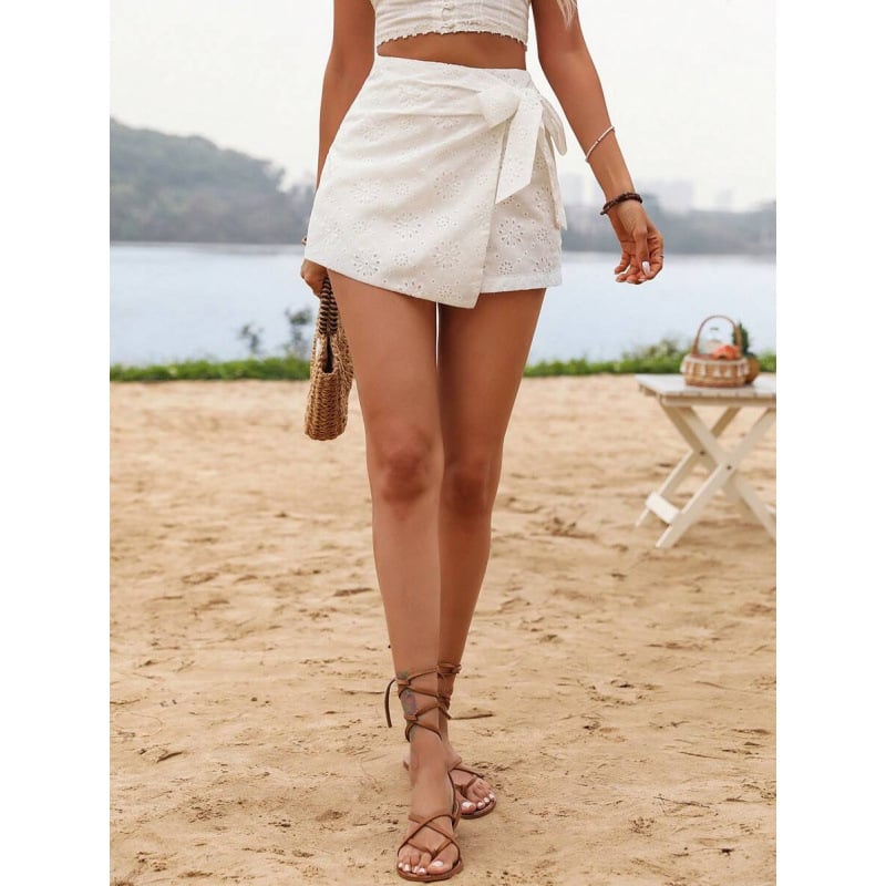 Fustă scurtă cu broderie perforată și margine, stil retro, croială bodycon, țesătură din bumbac natural CVC