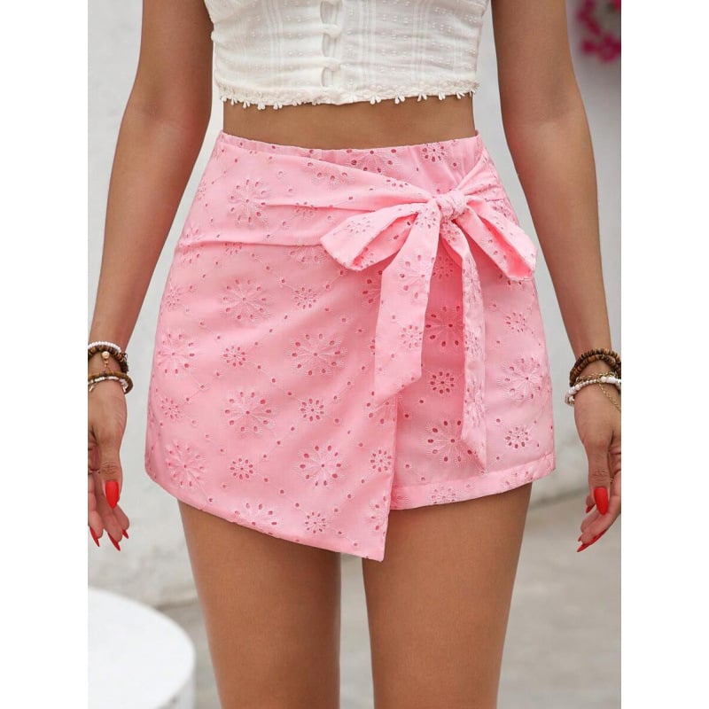 Fustă scurtă cu broderie perforată și margine, stil retro, croială bodycon, țesătură din bumbac natural CVC