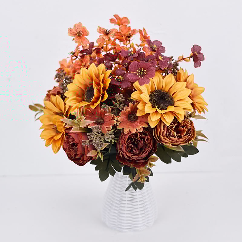 Букет слънчогледи от коприна за домашна декорация – видове: маргаритка и слънчоглед; материал: изкуствени цветя от коприна; марка: Xiaoyu Flower Art; предназначение: сватби, открити пространства и фотосесии
