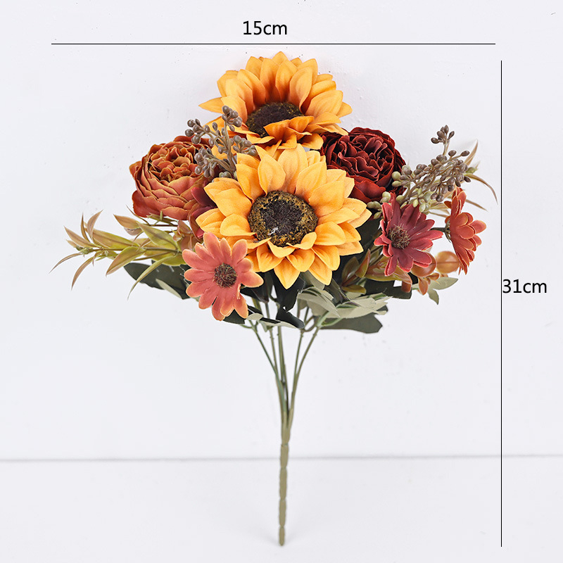 Букет слънчогледи от коприна за домашна декорация – видове: маргаритка и слънчоглед; материал: изкуствени цветя от коприна; марка: Xiaoyu Flower Art; предназначение: сватби, открити пространства и фотосесии