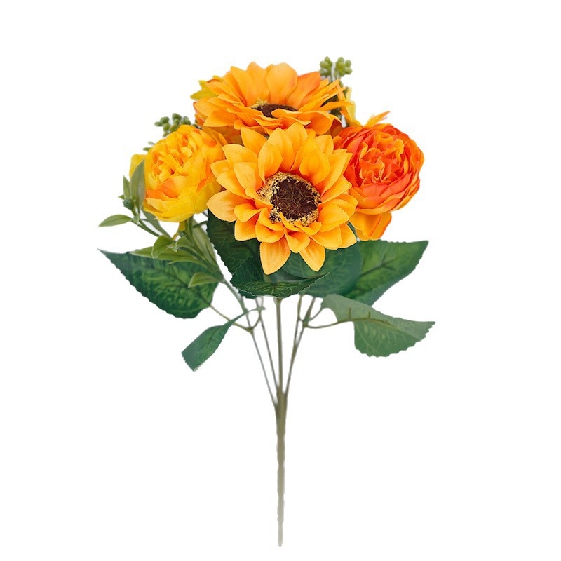 Букет слънчогледи от коприна за домашна декорация – видове: маргаритка и слънчоглед; материал: изкуствени цветя от коприна; марка: Xiaoyu Flower Art; предназначение: сватби, открити пространства и фотосесии
