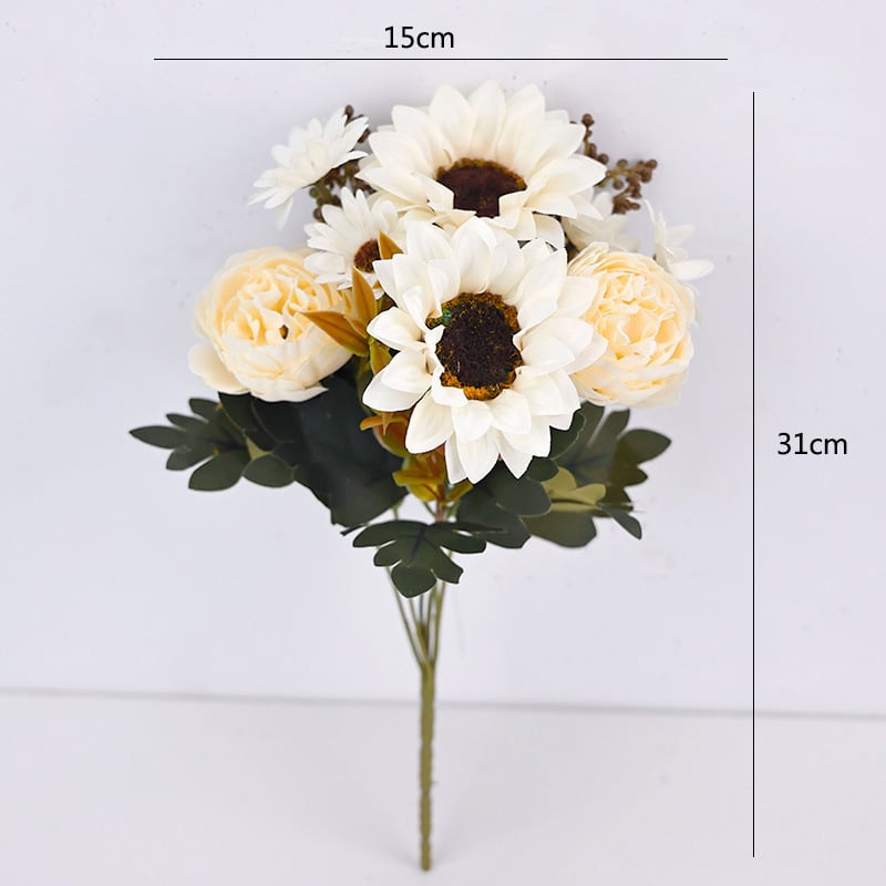 Букет слънчогледи от коприна за домашна декорация – видове: маргаритка и слънчоглед; материал: изкуствени цветя от коприна; марка: Xiaoyu Flower Art; предназначение: сватби, открити пространства и фотосесии