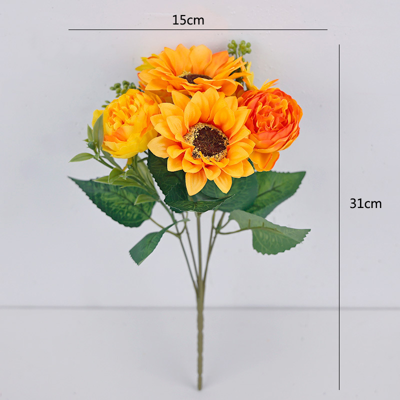 Букет слънчогледи от коприна за домашна декорация – видове: маргаритка и слънчоглед; материал: изкуствени цветя от коприна; марка: Xiaoyu Flower Art; предназначение: сватби, открити пространства и фотосесии