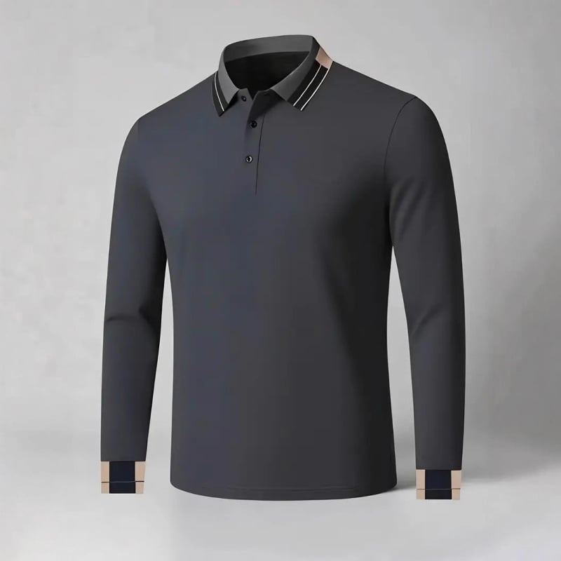 Tricou polo pentru bărbați cu guler polo, mâneci lungi, croială mulată, 96% poliester