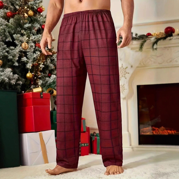 Ανδρικά παντελόνια casual loose-fit με 3D ψηφιακό καρό print, μεσαία μέση, κορδόνι στη μέση, μακριά πολυεστερικά παντελόνια