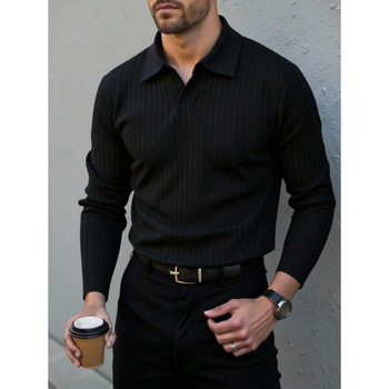 Vyrų polo marškiniai su 3/4 rankovėmis — keturių krypčių elastinis audinys, lino 51–70%, plačiai išsiskleidžiantis kaklas, fliso pamušalas