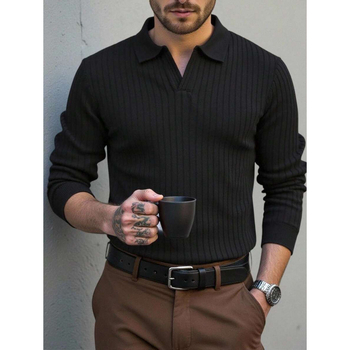 Vyrų polo marškiniai su 3/4 rankovėmis — keturių krypčių elastinis audinys, lino 51–70%, plačiai išsiskleidžiantis kaklas, fliso pamušalas