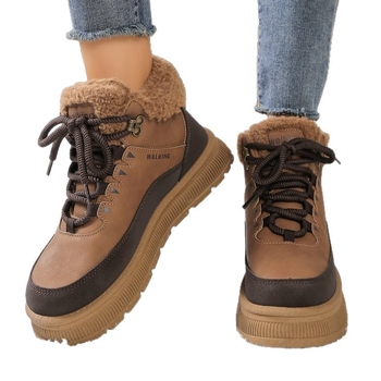 Sieviešu ziemas zābaki ar mākslīgu pūku odere, PU augšdaļa, vidēja augstuma potīte, zems papēdis 1–3 cm, priekšējā aukla aizdare