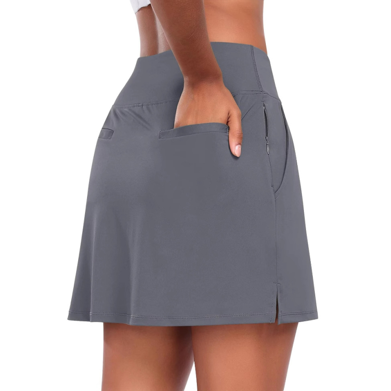 Ženska sportska suknja s visokim strukom, A-linija midi duljine, mješavina poliestera i elastana, mikroelastična, ljeto 2024