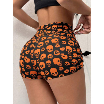 Леггинси с принт на черепи, къс крак, свободен силует, естествен памук, смес CVC, леко разтягане