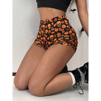 Леггинси с принт на черепи, къс крак, свободен силует, естествен памук, смес CVC, леко разтягане