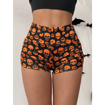 Леггинси с принт на черепи, къс крак, свободен силует, естествен памук, смес CVC, леко разтягане