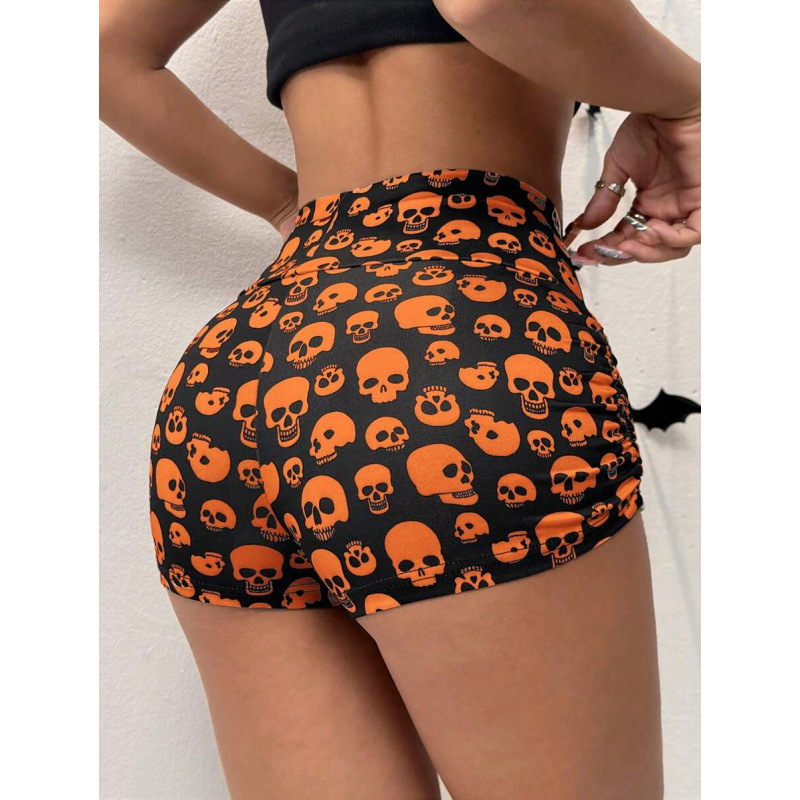 Леггинси с принт на черепи, къс крак, свободен силует, естествен памук, смес CVC, леко разтягане