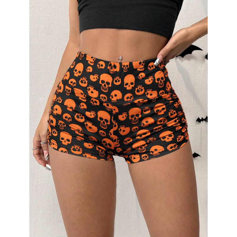 Леггинси с принт на черепи, къс крак, свободен силует, естествен памук, смес CVC, леко разтягане