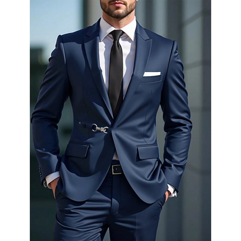 Vyriskas kostiumo dalys su metaliniais dekoratyviniais elementais, švarkas su trimis mygtukų eilėmis, tinkamas visoms sezonoms, siauras kirpimas, sintetinių pluoštų ir acetato pluošto mišinys