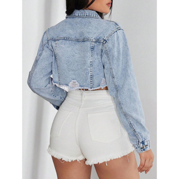 Geacă de denim cu margini uzate, finisaj spălat, căptușeală din fleece, amestec poliester