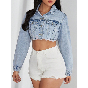 Geacă de denim cu margini uzate, finisaj spălat, căptușeală din fleece, amestec poliester