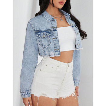 Geacă de denim cu margini uzate, finisaj spălat, căptușeală din fleece, amestec poliester