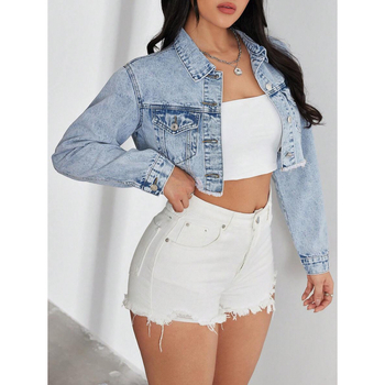 Geacă de denim cu margini uzate, finisaj spălat, căptușeală din fleece, amestec poliester