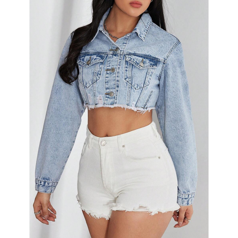 Geacă de denim cu margini uzate, finisaj spălat, căptușeală din fleece, amestec poliester