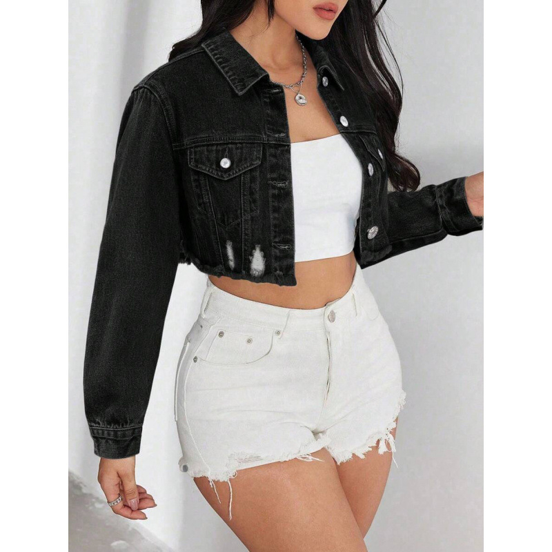 Geacă de denim cu margini uzate, finisaj spălat, căptușeală din fleece, amestec poliester