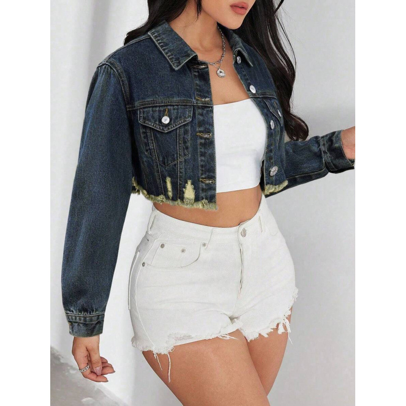 Geacă de denim cu margini uzate, finisaj spălat, căptușeală din fleece, amestec poliester