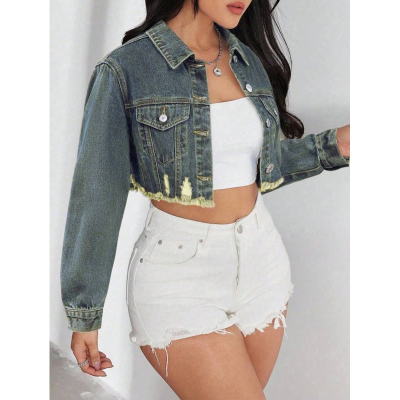 Geacă de denim cu margini uzate, finisaj spălat, căptușeală din fleece, amestec poliester