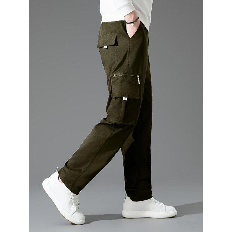 Pantaloni cargo casual pentru bărbați, croială dreaptă, lungi, poliester, șnur în talie